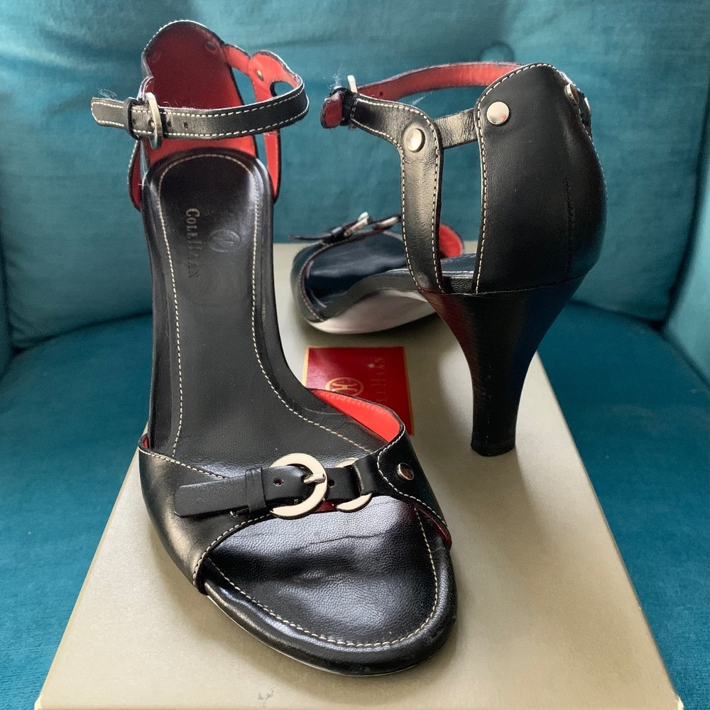 Cole Haan Black Calf Open-Toe Heeled Sandals